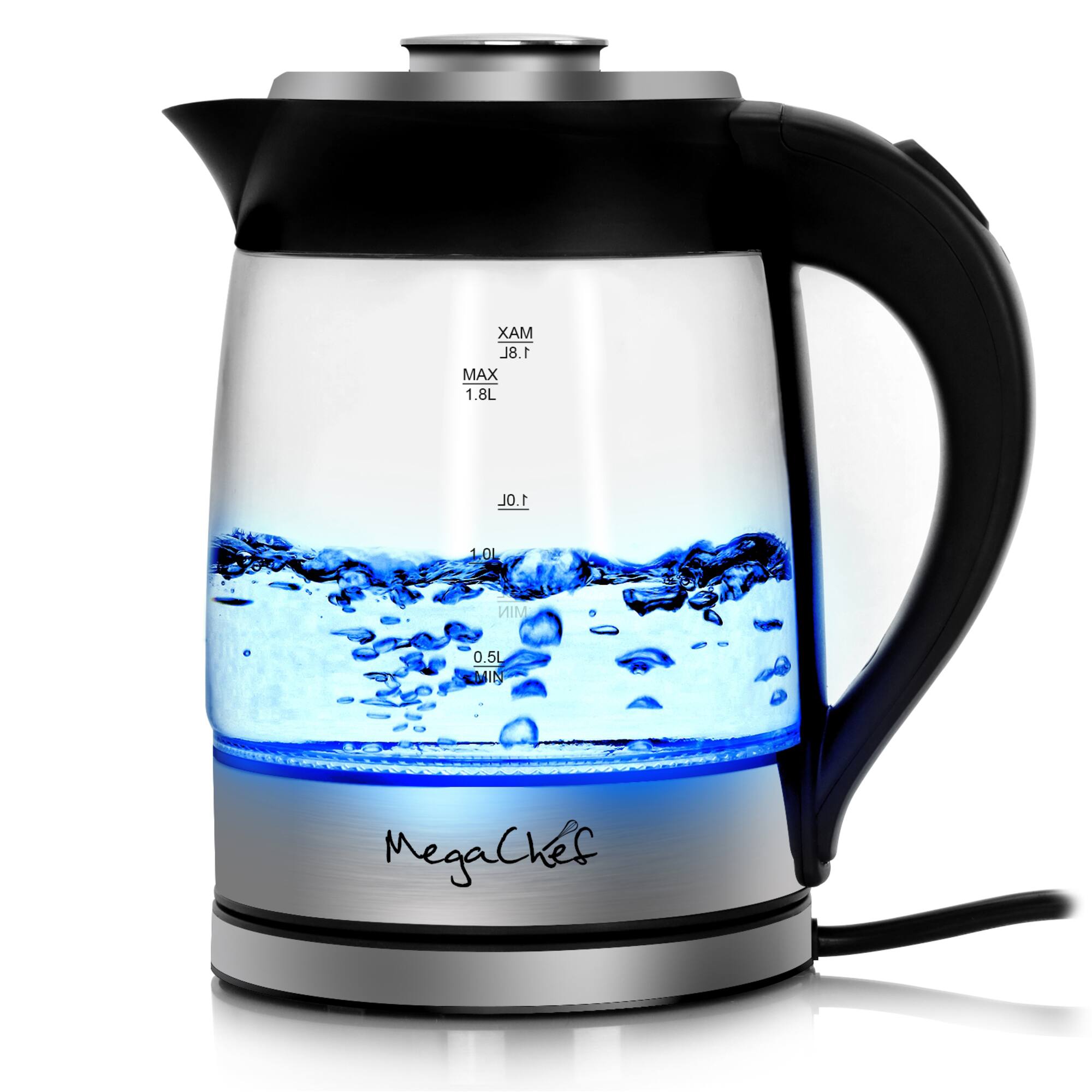 MegaChef 1.8L Cordless Glass & Stainless Steel Electric Tea Kettle with Tea Infuser